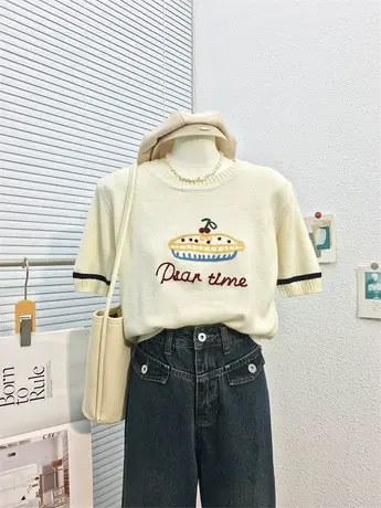 2023秋装新款韩版小清新钩花短袖毛衣软糯减龄宽松百搭上衣小衫女商品大图