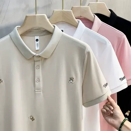 冰丝小熊刺绣帅气翻领高端Polo衫男潮流潮牌夏季带领t恤男士短袖图片