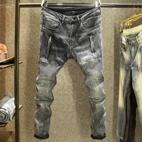 黑灰色高端时尚牛仔长裤秋冬款男士复古做旧机车牛仔裤男修身小脚商品大图