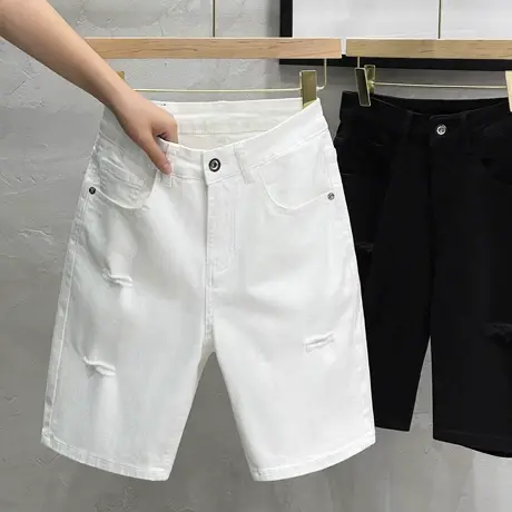 潮牌白色破洞牛仔短裤男潮流休闲刮烂乞丐五分裤青年百搭个性中裤图片