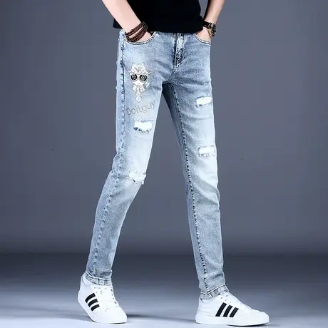 秋冬潮流烫钻破洞牛仔裤男款修身小脚弹力2023新款裤子男高端潮牌商品大图