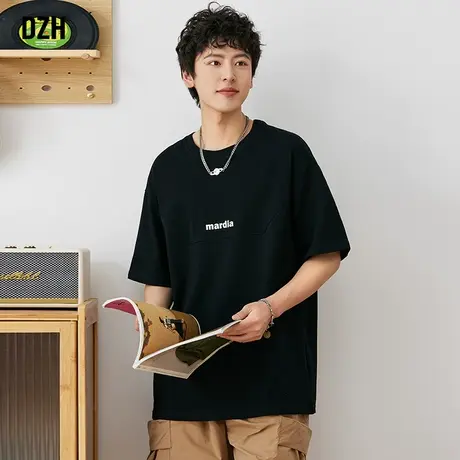 男士黑色显瘦t恤潮牌短袖美式高街半袖男夏季男装2023新款体恤衫商品大图