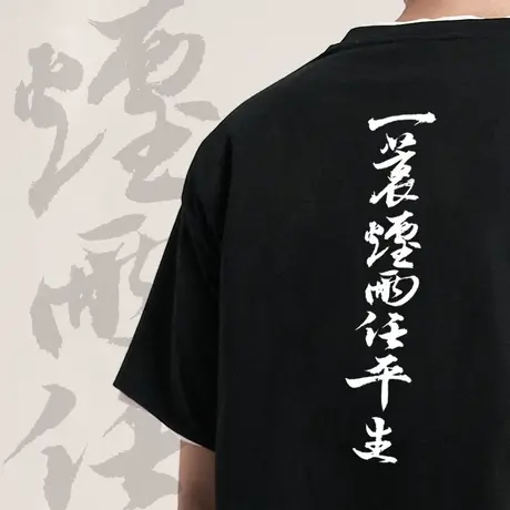 后序苏轼诗词【一蓑烟雨任平生】新中式国风文化原创书法短袖T恤图片