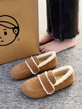 日系羊羔毛豆豆鞋女冬外穿2023新款平底勃肯鞋复古一脚蹬加绒棉鞋商品大图