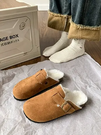 厚底半拖鞋女包头外穿软底舒适穆勒鞋复古森系加绒保暖勃肯棉拖鞋商品大图