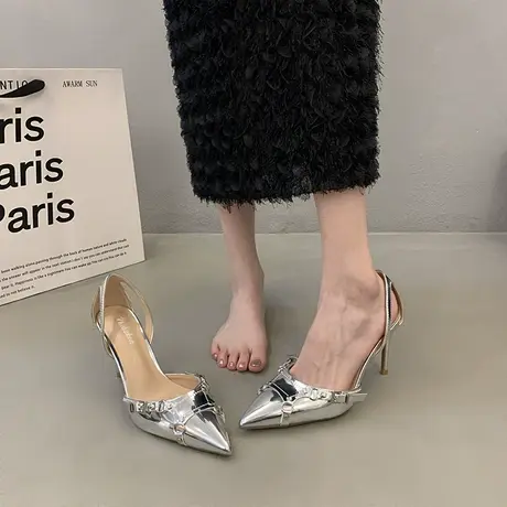 鞋子女2023新款一脚蹬女鞋尖头单鞋配裙子法式高级感银色高跟鞋秋图片