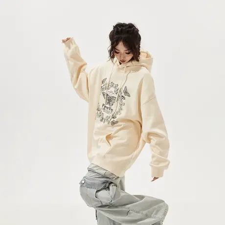 YEP美式蝴蝶印花连帽卫衣女春秋2024年新款复古宽松潮牌外套上衣图片