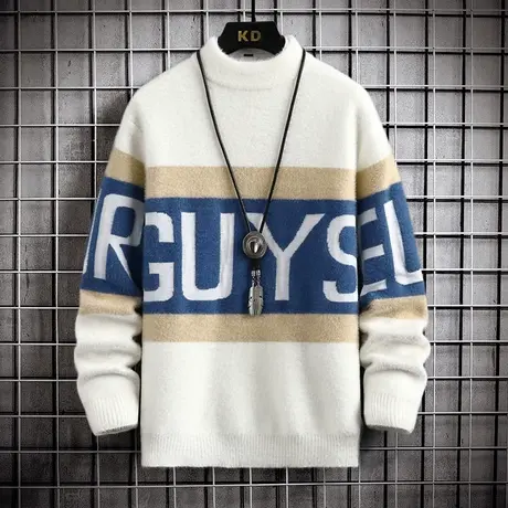 秋冬季青少年水貂绒毛衣12-17岁男孩保暖半高领针织衫学生线衣商品大图