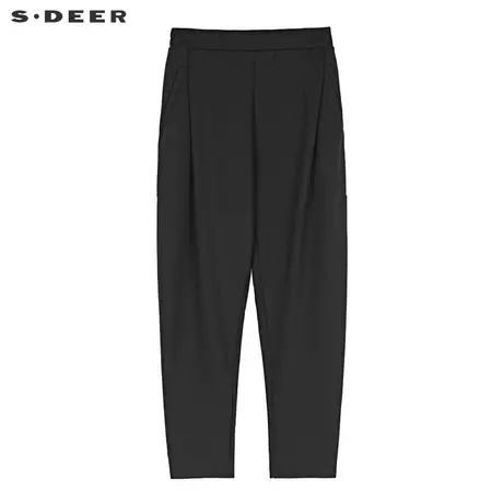 sdeer圣迪奥女装简约休闲暗褶拼接纯黑吊裆小脚裤S19180822商品大图