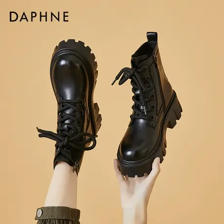 达芙妮马丁靴女2021年秋冬新款厚底系带英伦风女靴子冬季加绒短靴图片