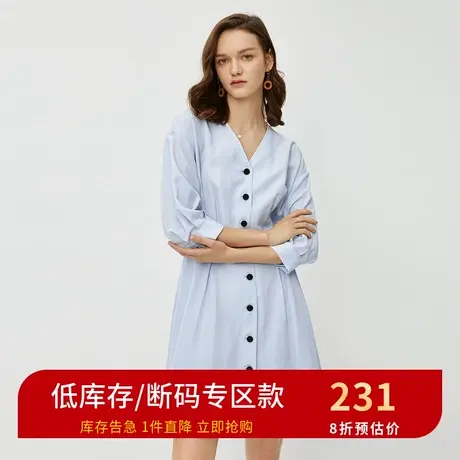伊芙丽V领7分袖系带显瘦连衣裙中长款裙子女1B3992371商品大图