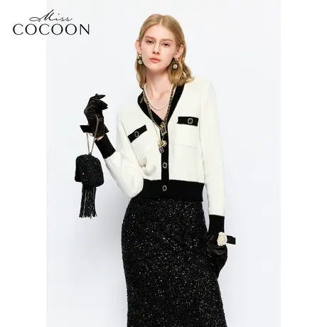 MISSCOCOON【春日睡莲】24春新款浪漫小香风经典黑白撞色针织开衫商品大图