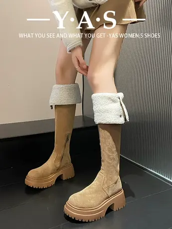 美拉德风靴子过膝长靴绒面长筒靴女粗腿高跟羊羔毛两穿高筒骑士靴商品大图