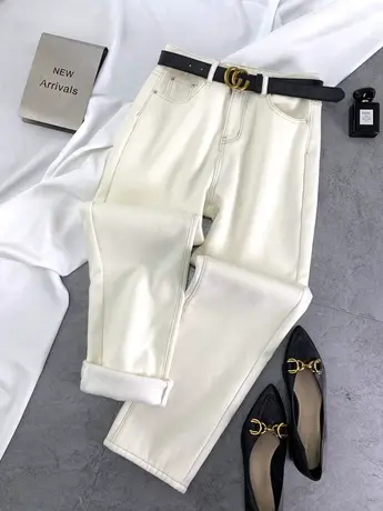 2023冬季新款加绒白色牛仔直筒裤女高腰显瘦时尚百搭加厚宽松长裤图片