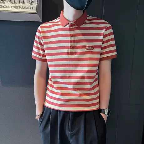 夏季条纹T恤ins潮牌短袖2023新款半截袖男装痞帅气夏装半袖POLO衫商品大图