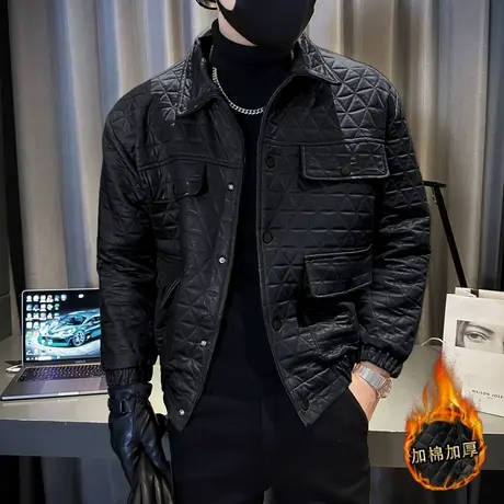 2023冬季新款多口袋菱形加厚外套修身短款棉衣痞帅棉服潮男小外套图片