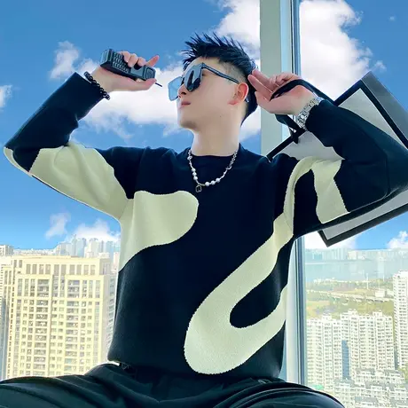 毛衣男冬季2023新款重磅加厚套头打底针织衫潮流拼色轻熟内搭线衣商品大图