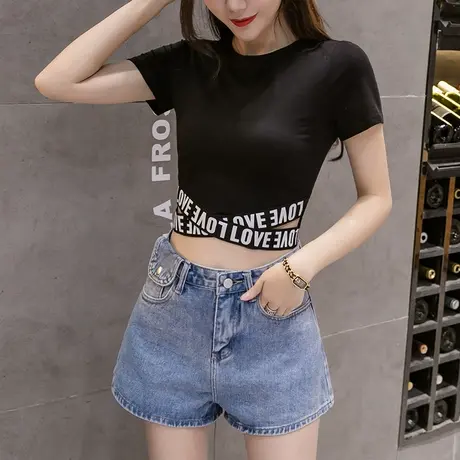 黑色短袖T恤女2024夏季新款韩版显瘦露肚脐收腰上衣设计感女小众商品大图
