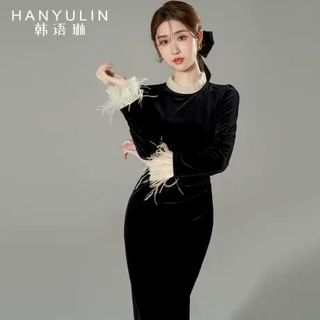 韩语琳秋季长袖连衣裙女2023新款春秋法式显瘦气质高级感黑色裙子图片