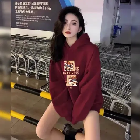 美版酒红色连帽卫衣女秋冬款2024新款加绒加厚本命年爆款龙年外套商品大图