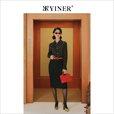 【1996系列】YINER音儿冬季金属闪丝气质小黑裙粗花呢半身裙商品大图