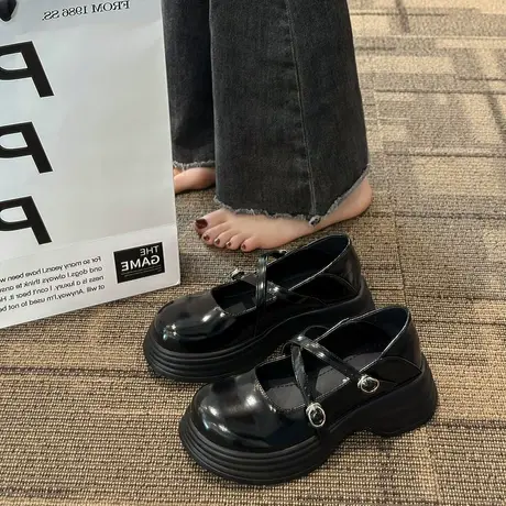 法式粗跟玛丽珍鞋女2024春秋新款小个子厚底浅口单鞋配裙子小皮鞋商品大图