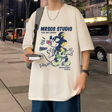 潮牌短袖t恤男夏季2024新款港风宽松青少年纯棉半袖高街美式体恤商品大图