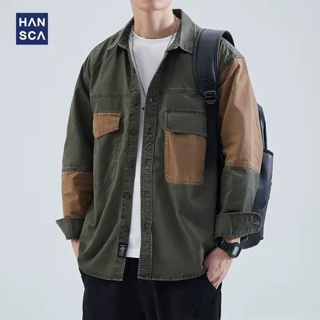 hansca纯棉工装长袖衬衫男春季日系休闲潮牌大码拼接撞色衬衣外套商品大图