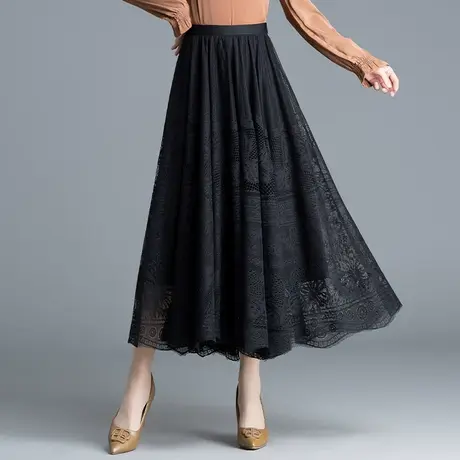 黑色蕾丝长裙大摆裙女春季2024新款高腰垂感半身裙中长气质a字裙商品大图