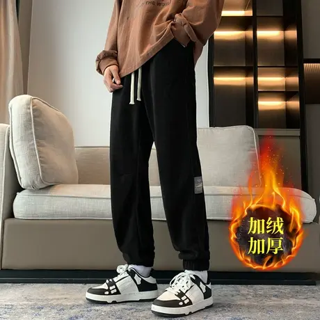 冬季系带加绒休闲卫裤男士2023新款秋冬款宽松紧腰运动束脚裤子男商品大图