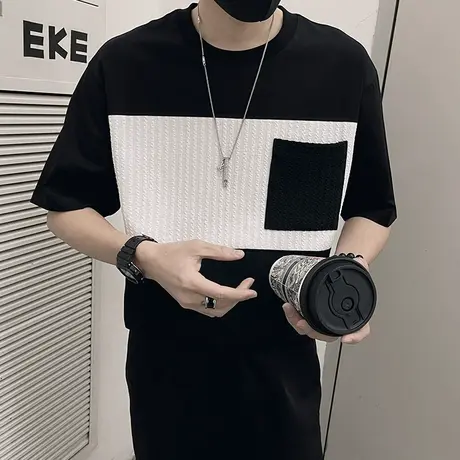 夏季拼接短袖T恤男潮流韩版撞色高级感小众宽松圆领半截袖T恤上衣图片