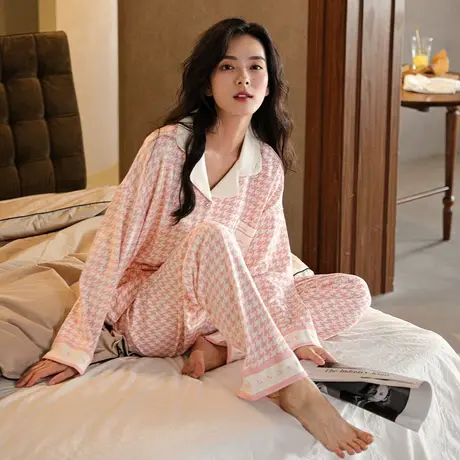 婷美睡衣女纯棉春秋季千鸟格长袖长裤开衫翻领家居服女套装秋冬款商品大图