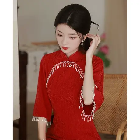 红色旗袍高级感新娘敬酒服年轻款蕾丝流苏长款新中式订婚连衣裙秋商品大图