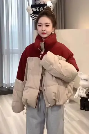 撞色拼接短款白鸭绒羽绒服女2023年冬季新款小个子立领加厚面包服图片