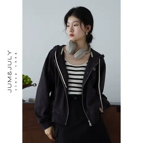 嘉茱莉2023秋季新款韩版连帽卫衣女小个子短款宽松开衫卫衣外套商品大图