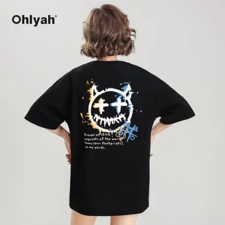 Ohlyah夏季宽松时尚新款潮牌网红魔鬼笑脸T恤女情侣圆领纯棉打底商品大图