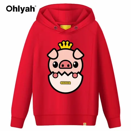 Ohlyah小猪pig潮印花卡通情侣春装连帽衫卫衣女宽松红色上衣学生商品大图