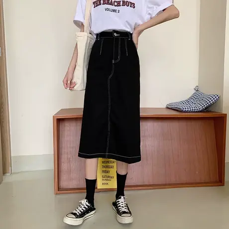 【换购15】牛仔裙半身裙女春夏新款包臀复古高腰黑直筒长裙中长款图片