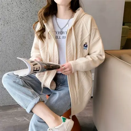 毛衣外套女连帽开衫秋季2023年新款女慵懒风宽松麻花针织衫上衣潮商品大图