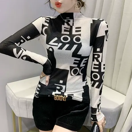 2023春秋新款时尚印花T恤弹力显瘦网纱上衣紧身内搭打底衫女长袖商品大图