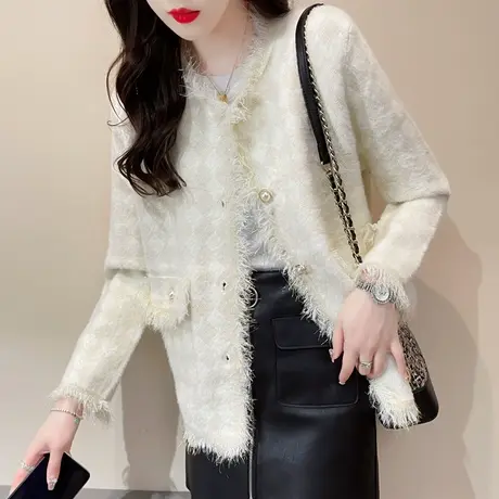针织开衫女2023女秋季新款水貂绒宽松外搭爆款小香风流苏短外套商品大图