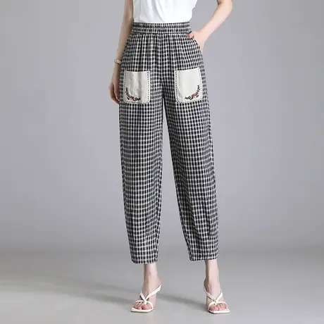 格纹哈伦裤女夏季松紧腰棉麻九分裤2023新款宽松妈妈裤休闲灯笼裤图片