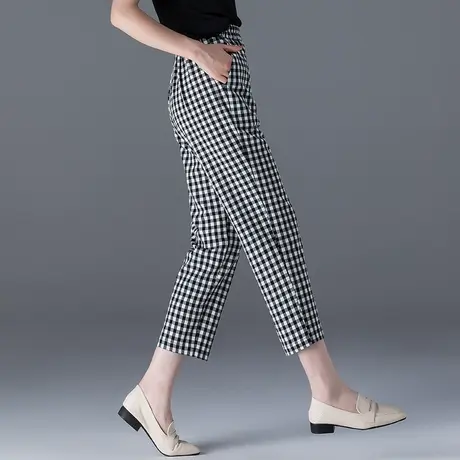 黑白格子裤女夏季薄款八分裤萝卜新款女裤夏休闲裤九分裤哈伦裤子商品大图