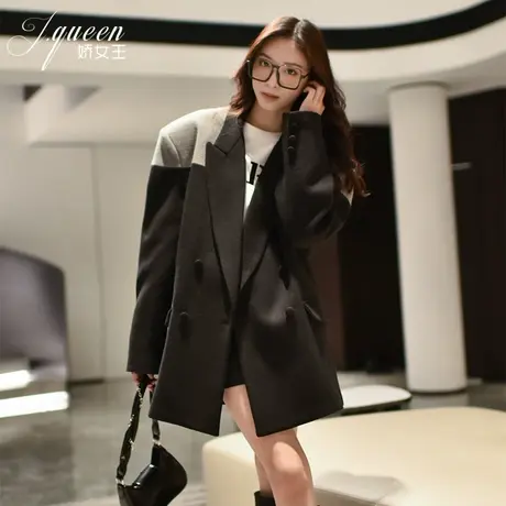 黑色毛呢西装外套女冬厚2023秋冬宽松oversize中长款拼接呢子大衣商品大图