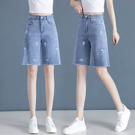 夏季高腰五分牛仔短裤女2023年新款设计感小众别致毛边直筒中裤子图片