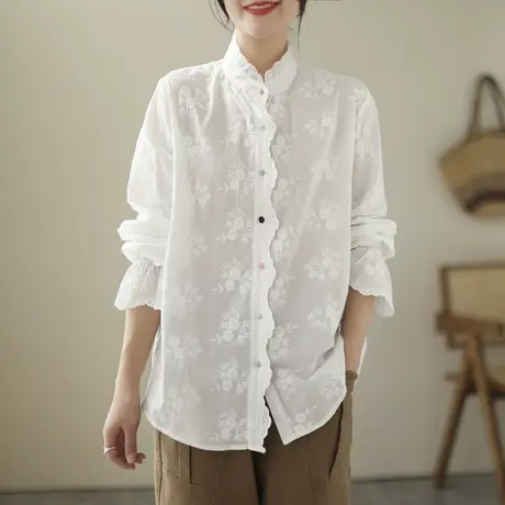 白色宽松喇叭袖刺绣立领衬衫女蕾丝花边衬衣中长款2023早春季上衣商品大图