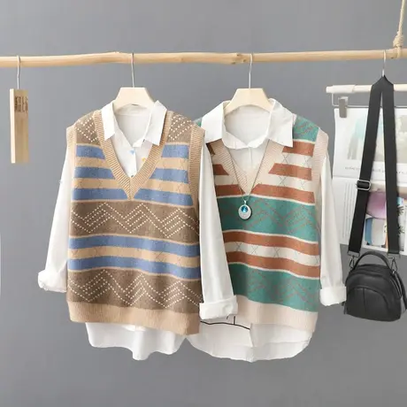 韩范纯色针织毛衣马甲背心女秋装2023新款叠穿V领马夹宽松毛坎肩图片