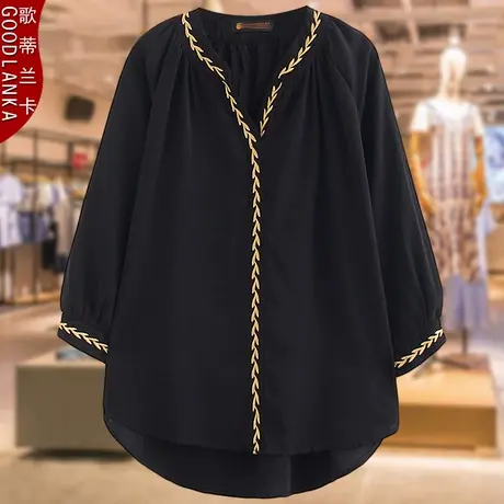 加肥加大码中年妈妈夏装雪纺衬衫衫女洋气V领刺绣上衣母亲节礼物商品大图