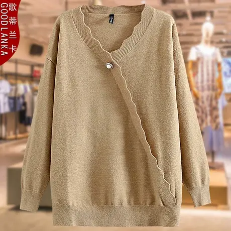 加肥加大码胖妈妈春秋针织外套宽松洋气妈妈装花边钉珠套头毛衣女商品大图