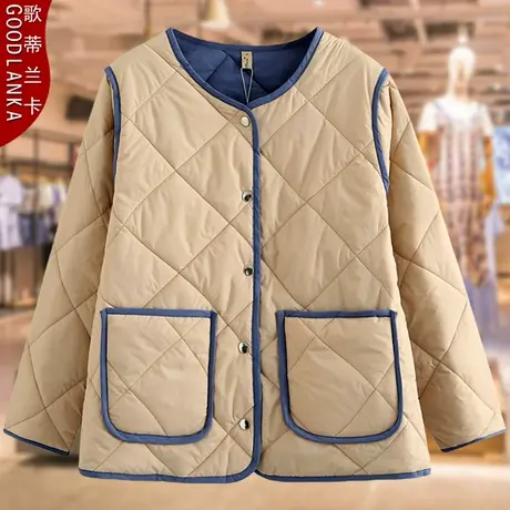 加肥加大码中年妈妈秋冬羽绒棉服女宽松时尚撞色薄款夹棉棉衣外套商品大图